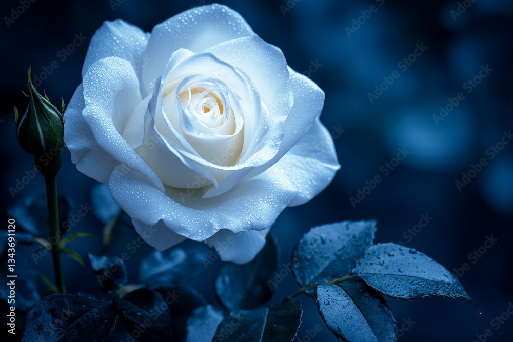 Poster Beautiful white rose with dewdrops in a serene garden setting during twilight
