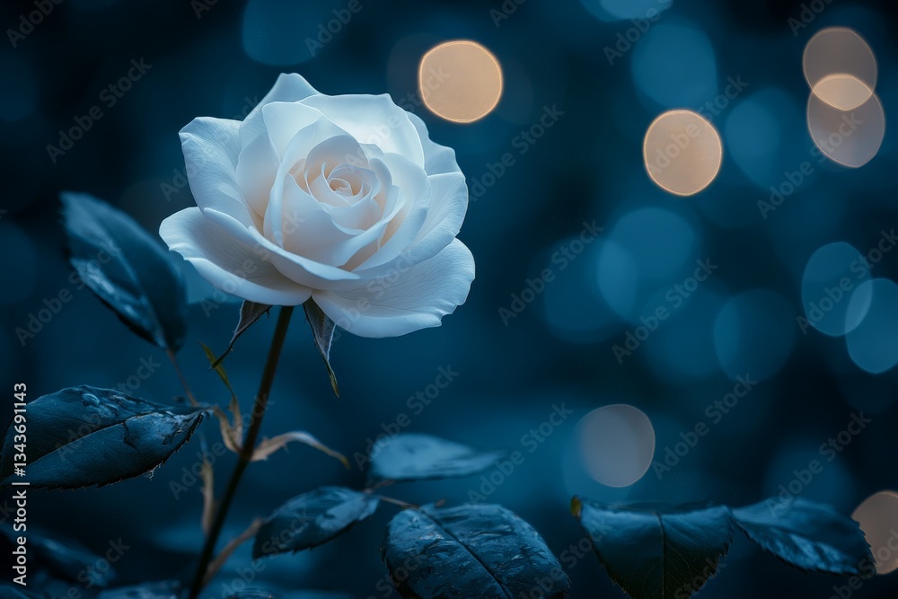 Poster beautiful white rose illuminated by soft bokeh lights in a serene night garden setting