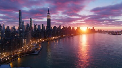 Obraz premium Stunning sunset over a cityscape, showcasing a vibrant purple and orange sky reflecting on calm water. Modern skyscrapers and city lights are visible along the shoreline.