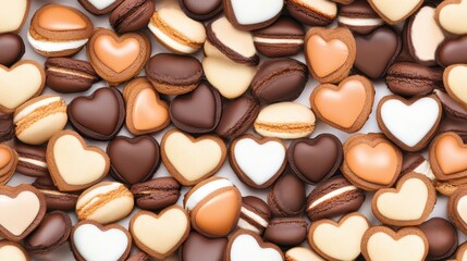 Fototapeta premium Seamless Sweet Heart Treats: A delightful assortment of heart-shaped chocolates and macarons in various colors and flavors, arranged to create a tempting and romantic display.