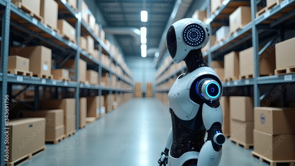 Poster a robot standing in an aisle of a large warehouse filled with stacked boxes