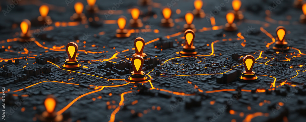 Poster a black background with many orange dots that look like they are on a map. the dots are all differen