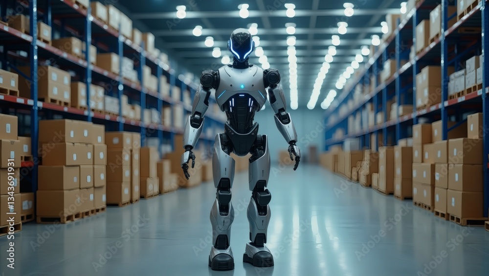Poster a robot stands in the warehouse aisle, surrounded by neatly stacked cardboard boxes