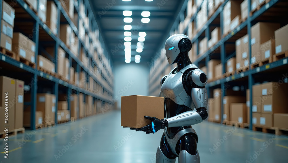 Poster a robot efficiently managing logistics in a vast warehouse, holding a cardboard box
