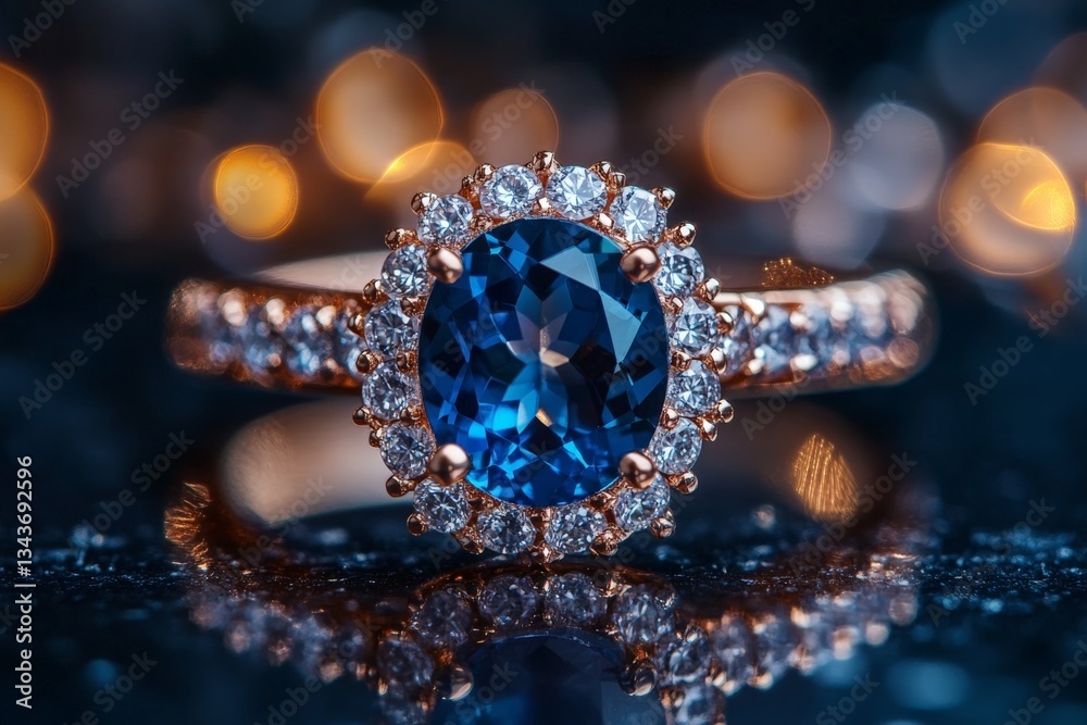 Poster beautiful blue sapphire ring surrounded by sparkling diamonds with an elegant bokeh background at a 