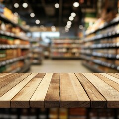 Grocery store interior, wooden table