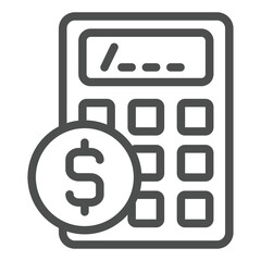 Calculator with dollar coin line icon, finance and accounting concept. Vector graphics. Counting money sign on white background, outline style icon for mobile or web design.