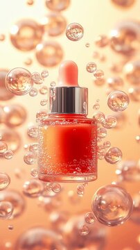 Bottle of orange serum levitating among bubbles with a soft glow in the background. Ideal for Social Media, Stories, Advertising