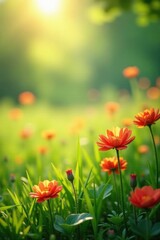 Fototapeta premium sunlit field of blooming flowers with gentle breeze and green grass , outdoors, natural