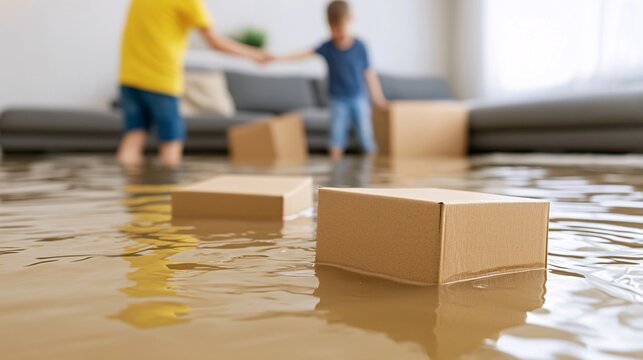 Chaos Amidst the Flood - Family Moving Furniture to Safety in a Water-Damaged Living Room