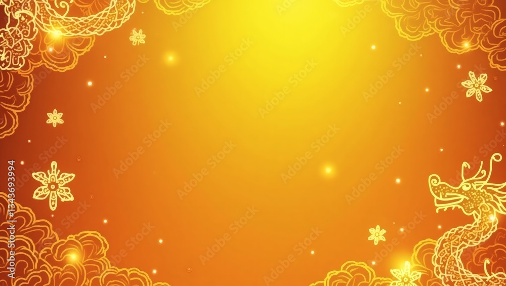 Poster a golden abstract dragon with a warm background, with a traditional pattern in the frame