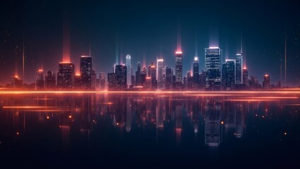Fototapeta premium a neon-lit cityscape with building reflections in the water, creating a mesmerizing and futuristic scene