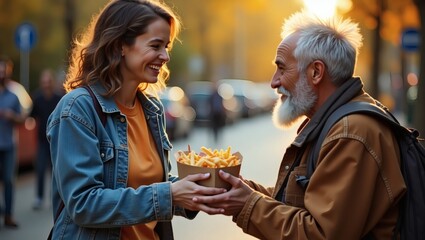 a compassionate woman offers a box of french fries to an elderly homeless man on the street, heartwarming scene