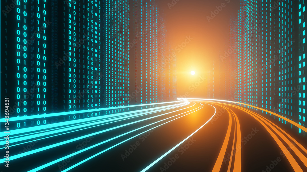 Poster abstract digital highway scene with glowing cyan and orange lines curving towards a bright sun, bina