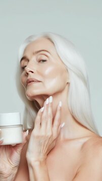 Elegant woman showcasing skincare product in portrait format with soft expression and natural beauty. Ideal for Social Media, Stories, Advertising