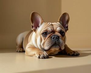 A French Bulldog rests calmly on a beige surface, showcasing its distinctive features and relaxed demeanor.