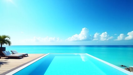 Fototapeta premium an inviting pool in the front of the ocean under a bright, blue sky, perfect for a luxurious vacation getaway