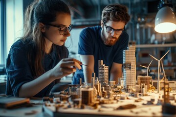 Fototapeta premium Two architects meticulously craft a detailed model of a sustainable city, incorporating wind turbines for clean energy.