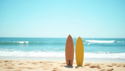Two surfboards standing on a sandy beach with the ocean in the background under a clear sky. A perfect summer day scene for surfing enthusiasts.