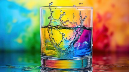 Colorful Splash in Glass with Water on Bright Background