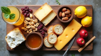 Top-view of a rustic bread and cheese board with organic nuts, dried fruits, and honey, set on a stone surface with a glass of homemade lemonade.
