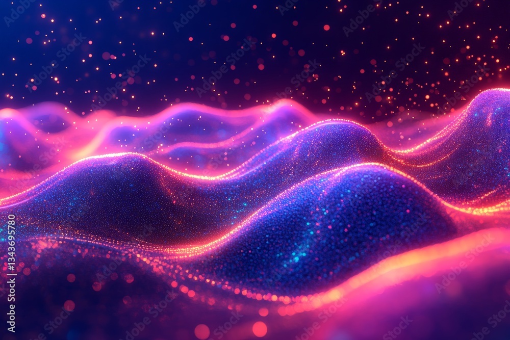 Poster futuristic digital landscape with shimmering waves and sparkling particles at twilight