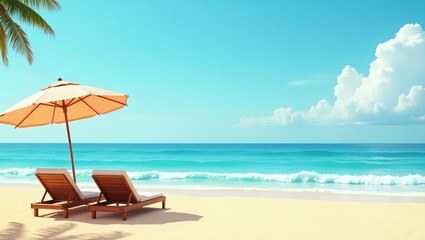 Obraz premium two wooden beach chairs, an umbrella, palm tree branches, with the beautiful ocean in the background, inviting you to relax and enjoy the tropical scenery