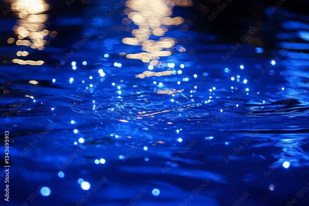 Aufkleber rippling blue water illuminated by shimmering lights creates a serene and tranquil atmosphere at nig