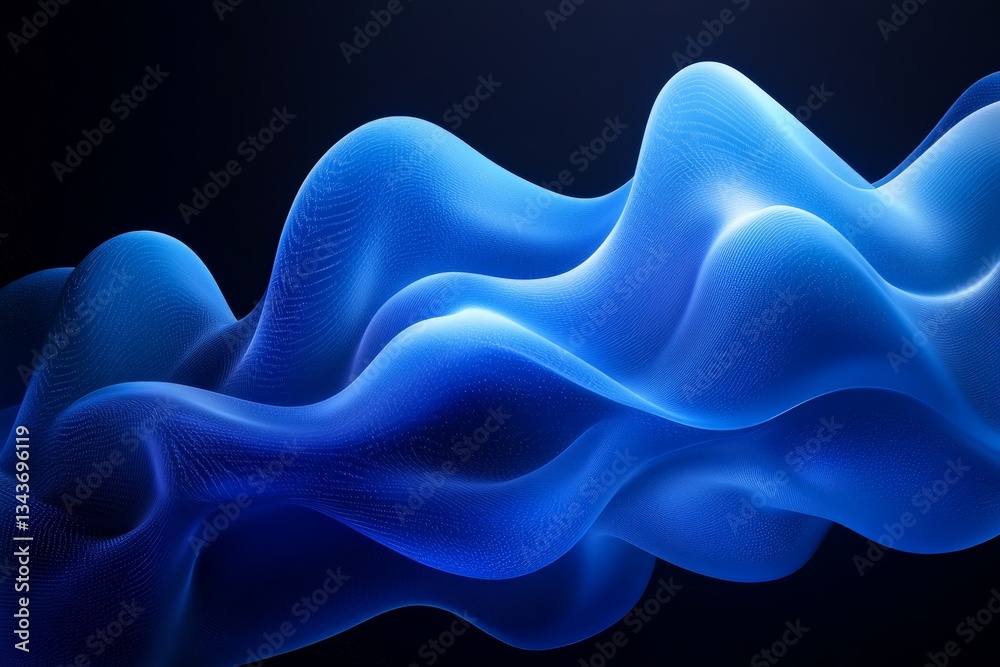 Poster Flowing blue wave pattern showcasing soft curves and smooth textures in a dark background