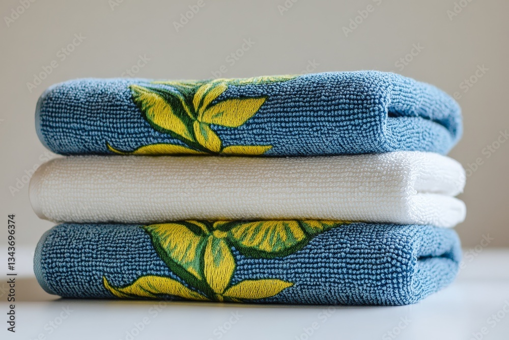 Poster Soft cotton towels with floral design arranged neatly on a table in a bright indoor setting