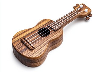 Fototapeta premium Dark brown ukulele isolated on white background. The ukulele has a wood grain texture and four strings.