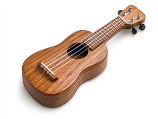 Fototapeta premium Dark brown ukulele on white background. The ukulele is shown at a slight angle, highlighting its wooden texture and details. The image is well lit and clean.