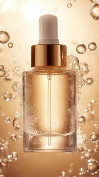 Elegant serum suspended in golden bubbles showcases modern skincare in a mesmerizing display. Ideal for Social Media, Stories, Advertising