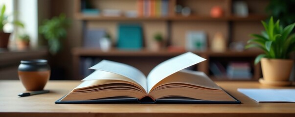 Three-sized book displays on a desk in a creative workspace, organizational tools, stationery