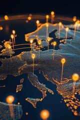 Obraz premium A satellite-focused image with glowing pins denoting critical zones