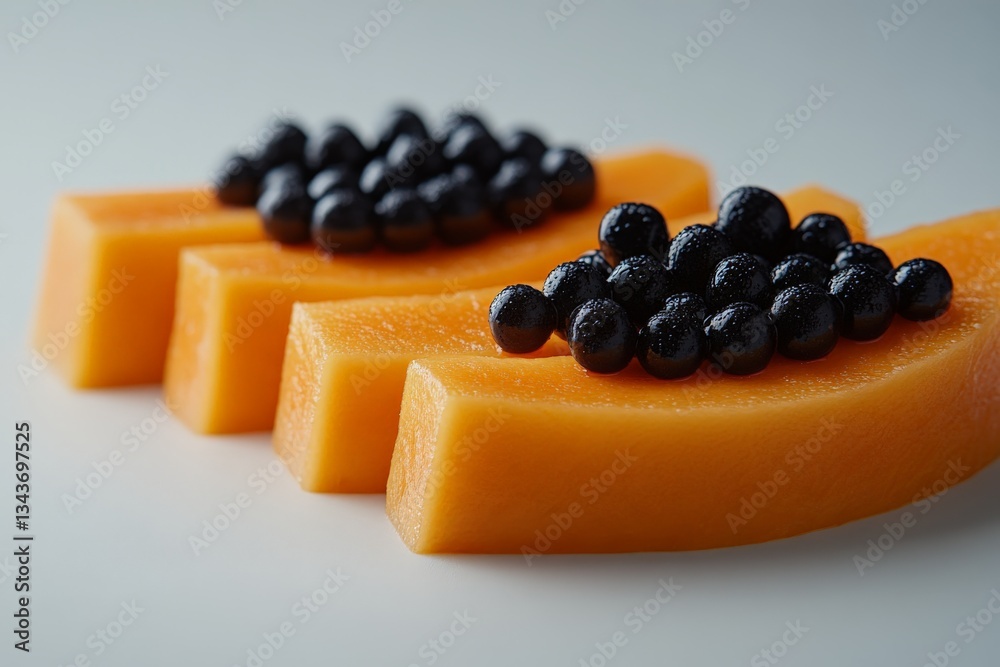 Poster fresh mango slices topped with blueberries create a vibrant and healthy snack option for any time of