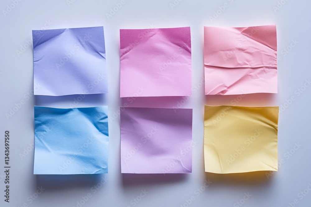 Poster Colorful crumpled sticky notes arranged in rows on a plain background in a creative workspace setting