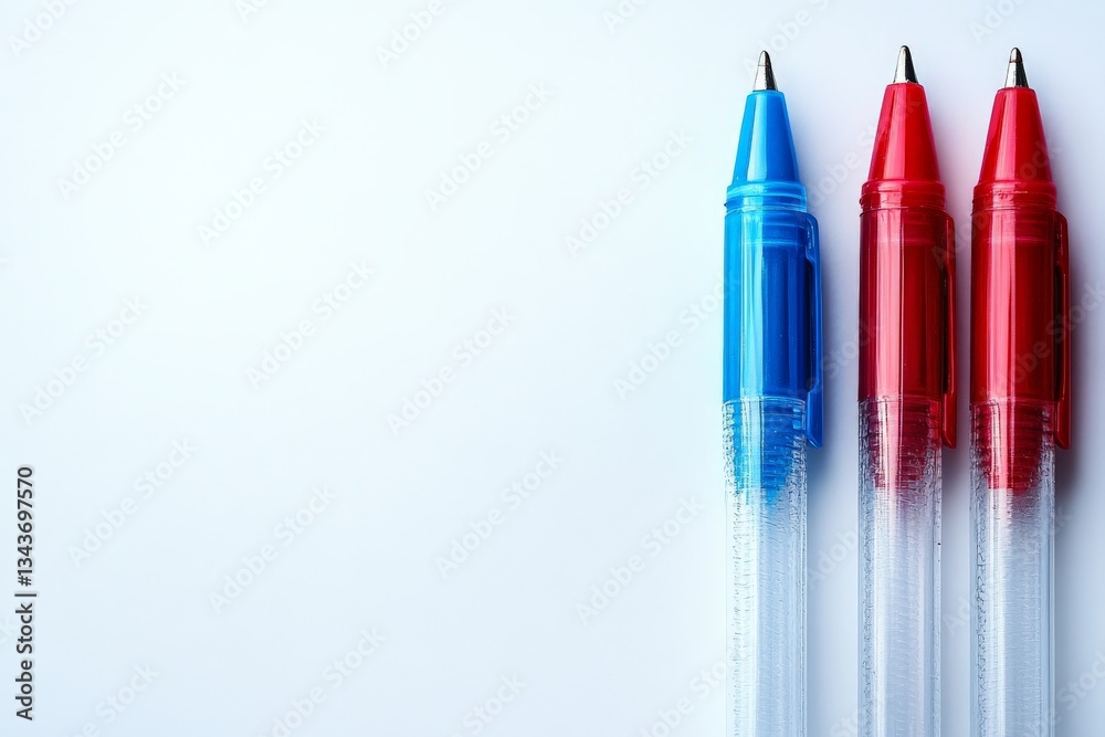 Poster Writing instruments in red, blue, and clear displayed against a blank background for office or school use