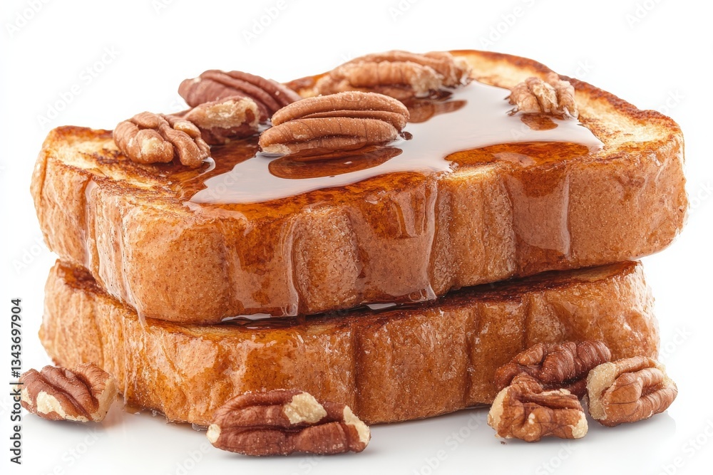 Poster toast topped with pecans and syrup served as a breakfast delight enjoyed in a cozy kitchen