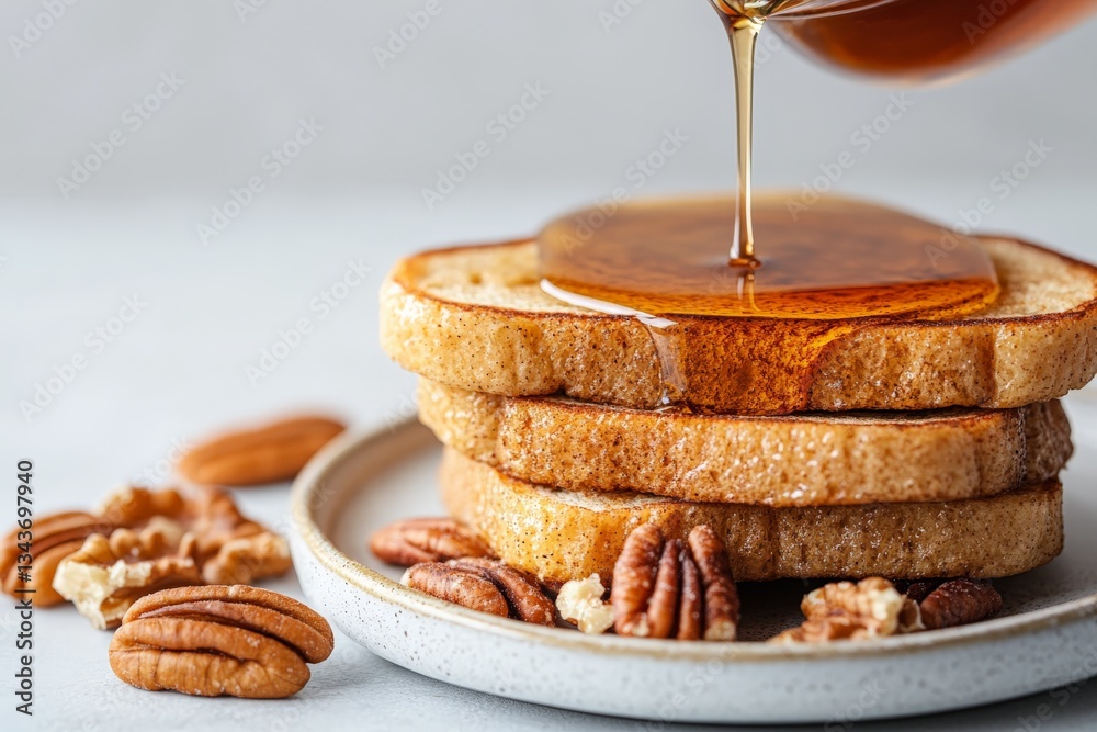 Poster delicious stack of french toast drizzled with syrup and served with crunchy pecans