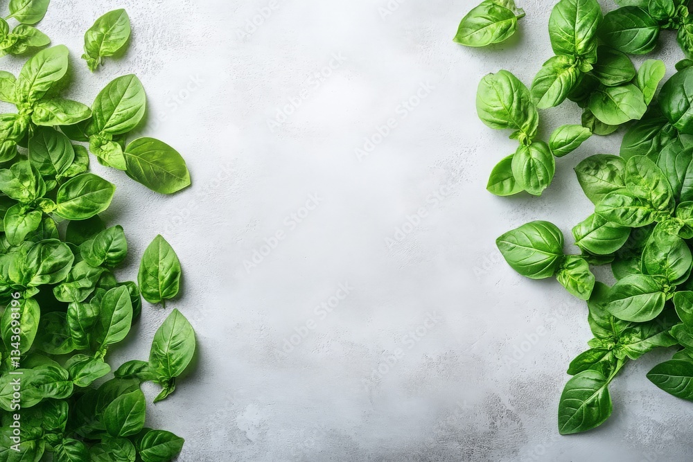 Aufkleber Fresh basil leaves arranged on a light gray surface create a vibrant and fragrant culinary backdrop for cooking