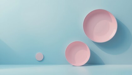 Floating pink bowls display minimalist interior digital artwork calm environment side view contemporary design for modern spaces