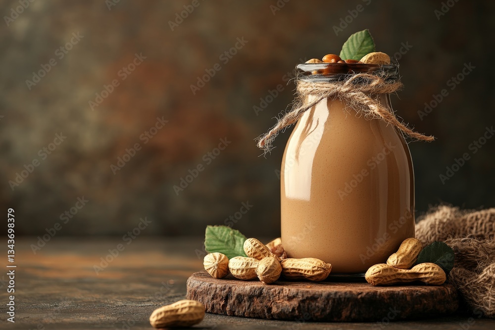 Poster creamy peanut butter spread jar surrounded by peanuts and leaves on rustic wooden surface in warm li