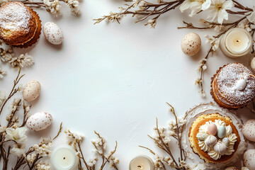 Obraz premium Frame for an Easter banner on a cream background. Willow branches, Easter eggs, traditional Easter cakes, decorated baskets, candles, and festive treats. There is free space for for text