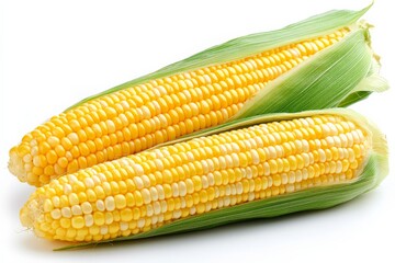 Freshly harvested corn ears on a white background showcasing vibrant yellow kernels and green husks