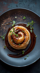 Freshly baked hand-rolled cinnamon pastry swirled with golden glaze