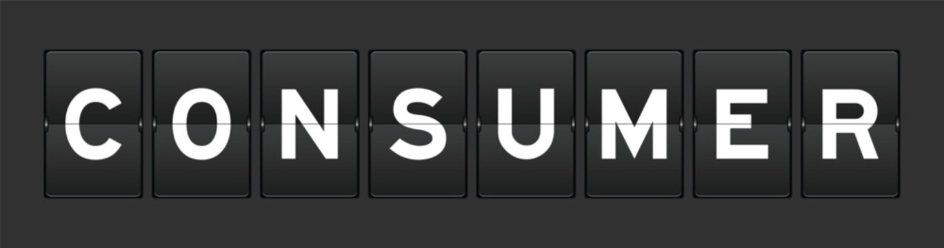Black color analog flip board with word consumer on gray background