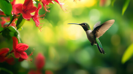 Fototapeta premium A pink blooming hummingbird gracefully flying in its natural tropical woodland habitat, surrounded by vibrant red flowers