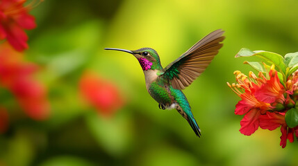 Fototapeta premium A pink blooming hummingbird gracefully flying in its natural tropical woodland habitat, surrounded by vibrant red flowers