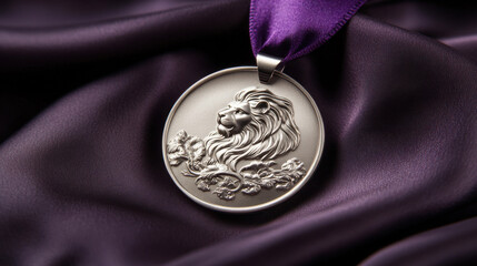 A distinguished silver medal with a sculpted lion head centerpiece, suspended by a royal purple satin ribbon, finely polished surface reflecting subtle highlights